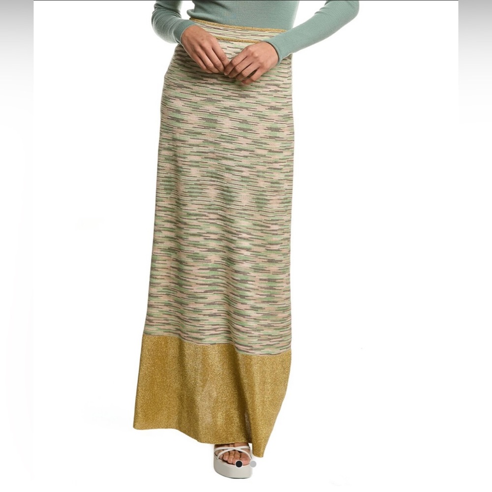Missoni Green Multicolor Knit Maxi Skirt with Gold Hem